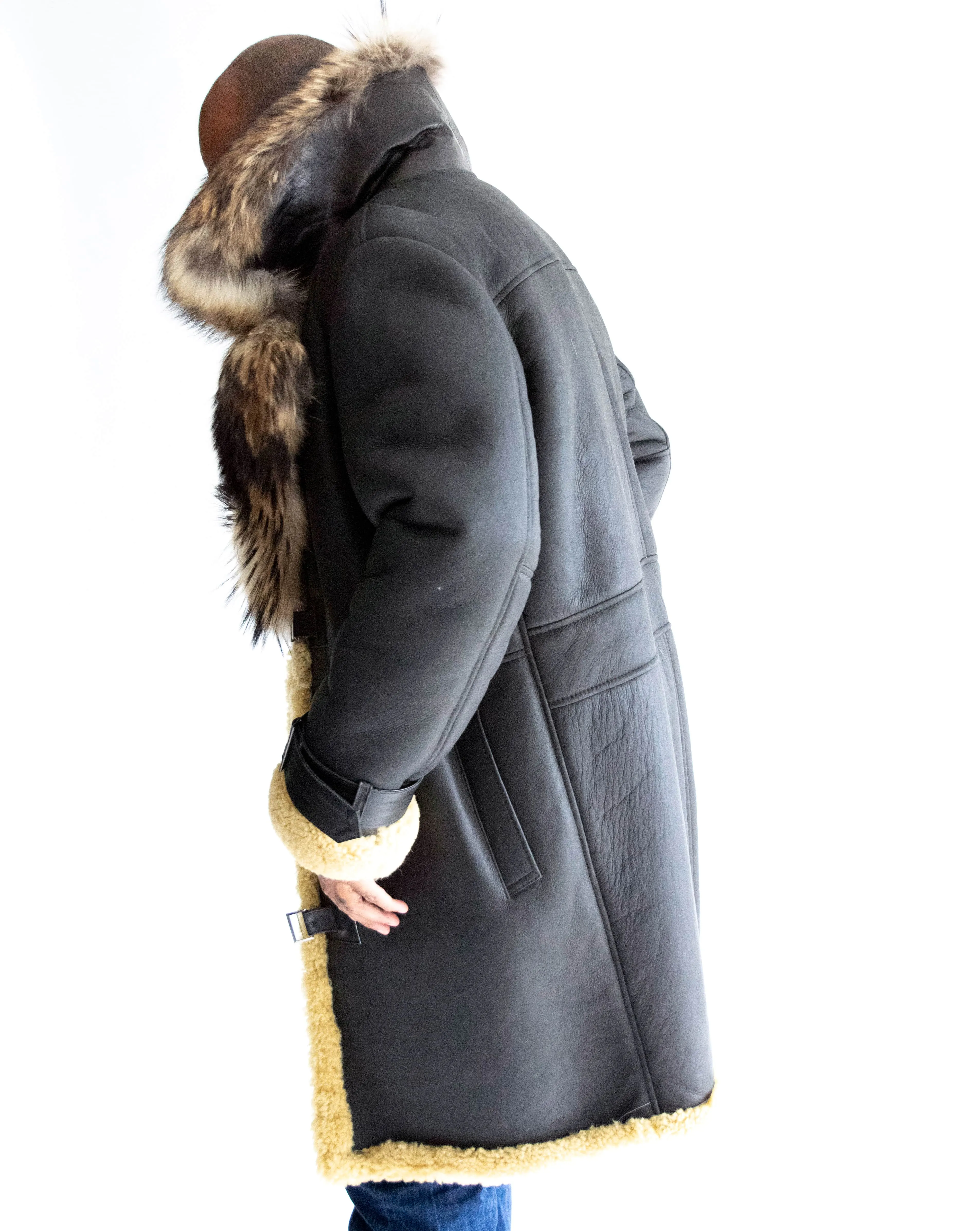 7/8 length mens Sheepskin Coat with Fur Collar Style #8900