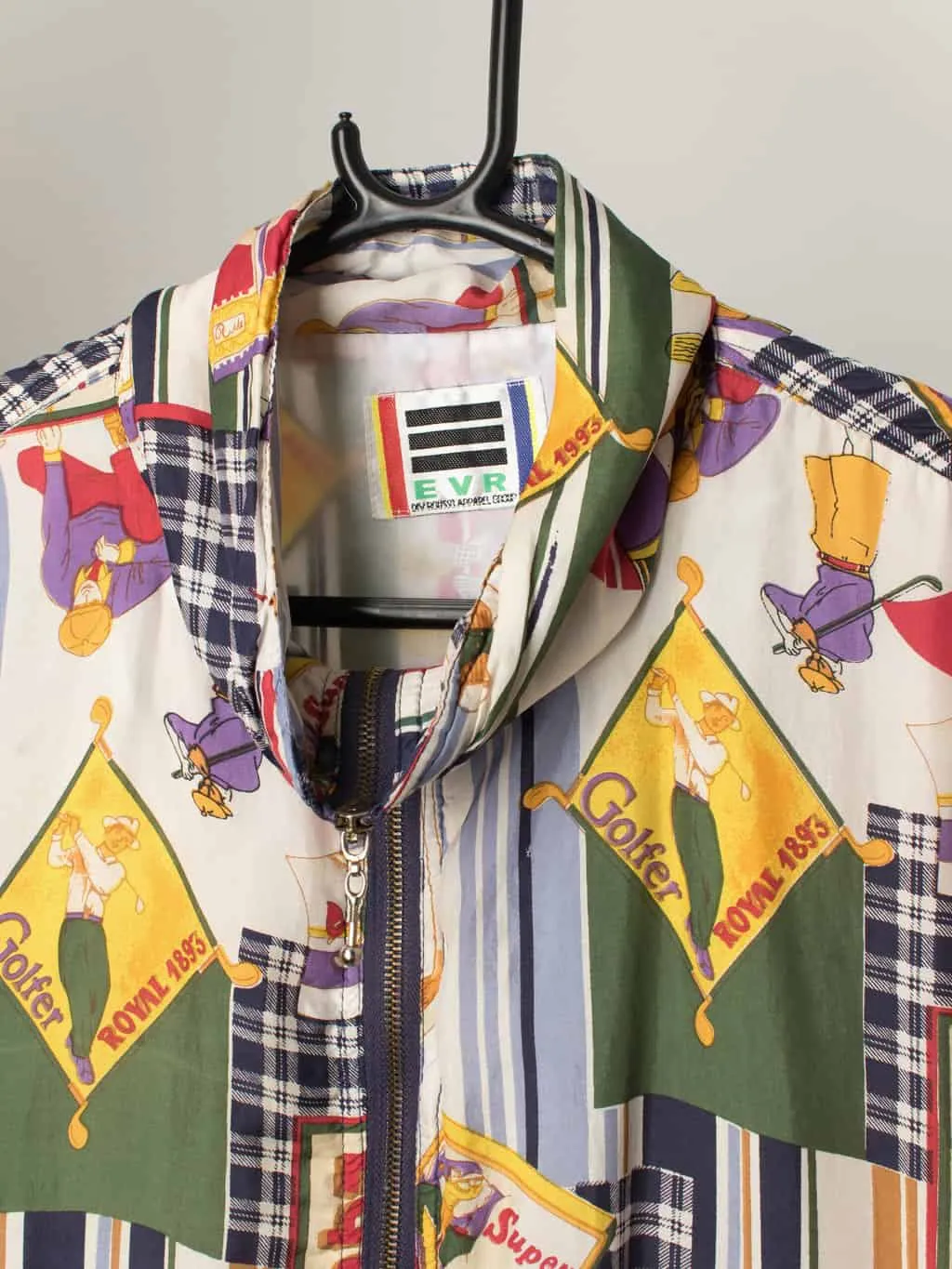 80s vintage silk jacket with multicoloured golf golfer print – 2XL