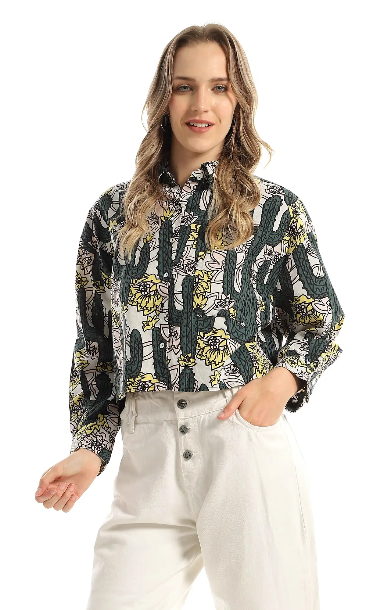 97322 Patterned Buttoned Multicolour Heavy Cropped Shirt