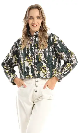 97322 Patterned Buttoned Multicolour Heavy Cropped Shirt