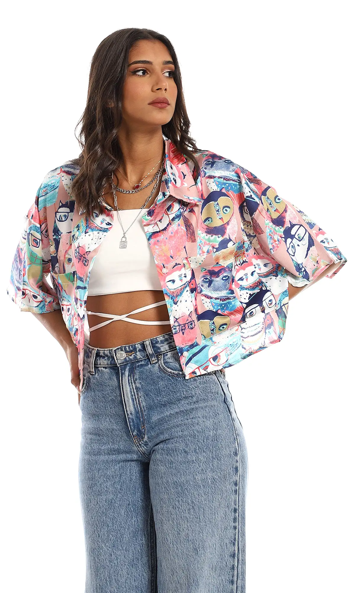 97490 Chest Pockets Silk Cropped Shirt - Multicolour