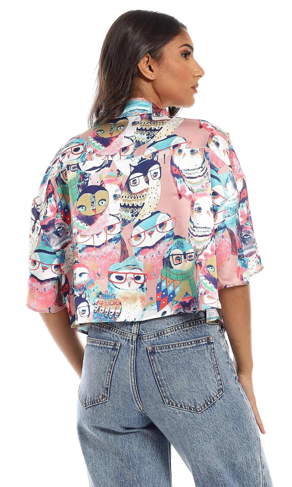 97490 Chest Pockets Silk Cropped Shirt - Multicolour