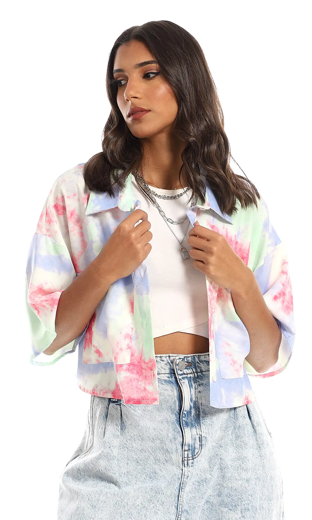 97491 Colorful Tie Dye Cropped Shirt - Multicolour