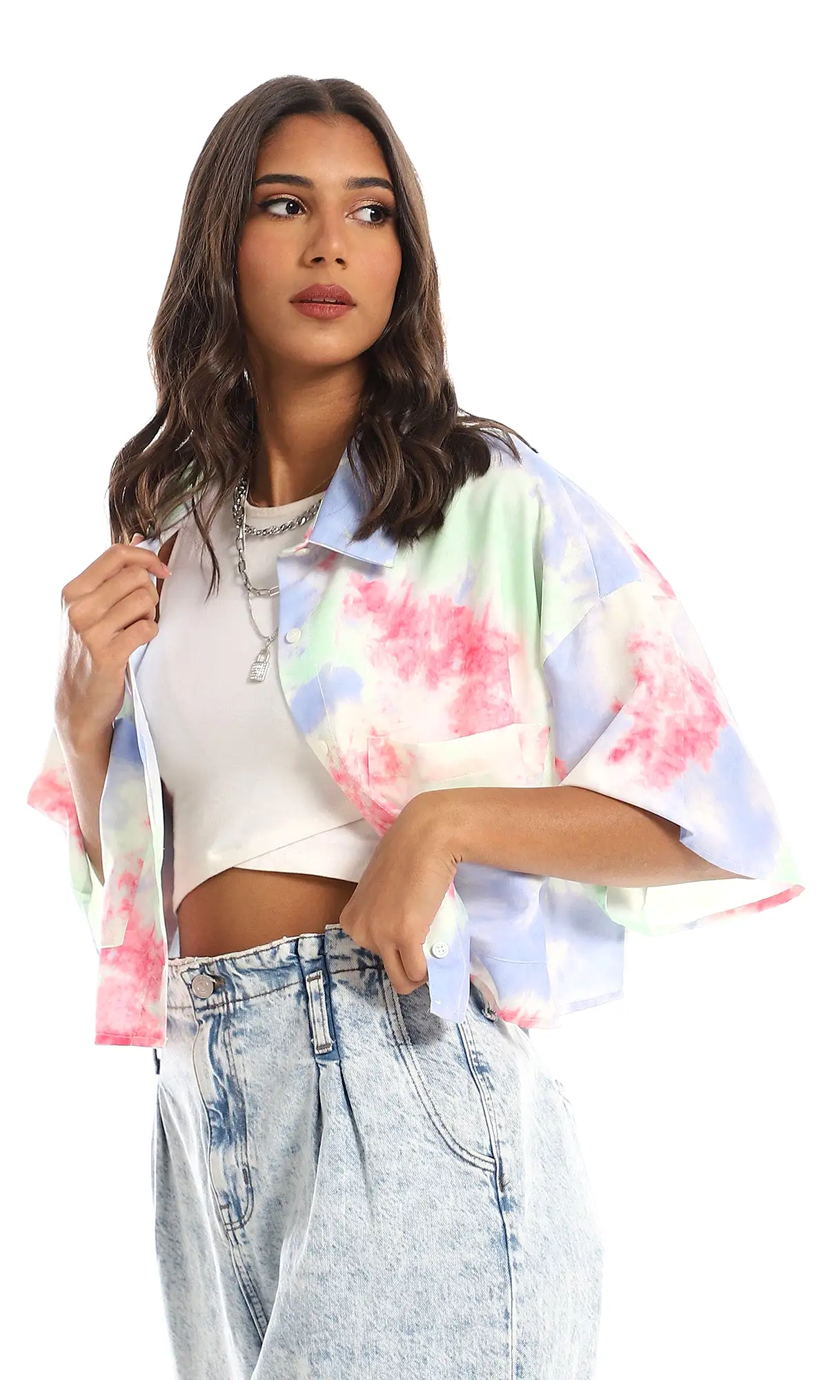 97491 Colorful Tie Dye Cropped Shirt - Multicolour