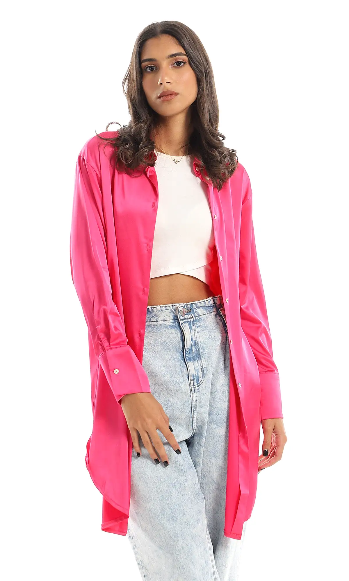 97537 Classic Collar Side Slited Silk Accent Fuchsia Shirt