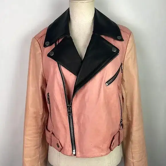 Alice + Olivia Pink/Black Leather Moto Jacket