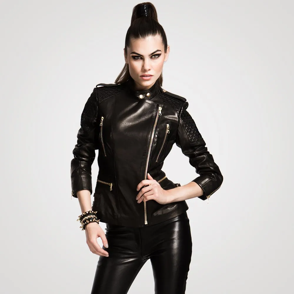 Amira | Black Leather Lambskin Moto Biker Jacket with Quilted Panels & Zip Waist