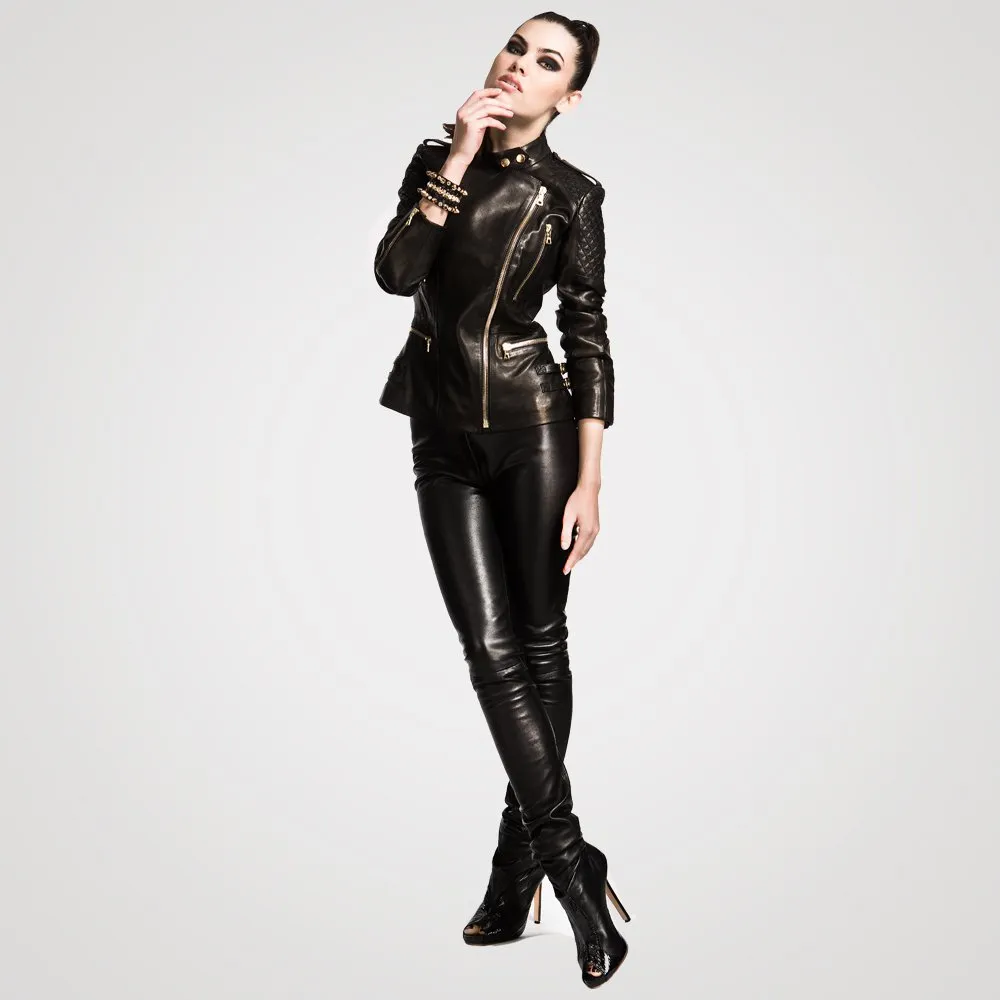 Amira | Black Leather Lambskin Moto Biker Jacket with Quilted Panels & Zip Waist