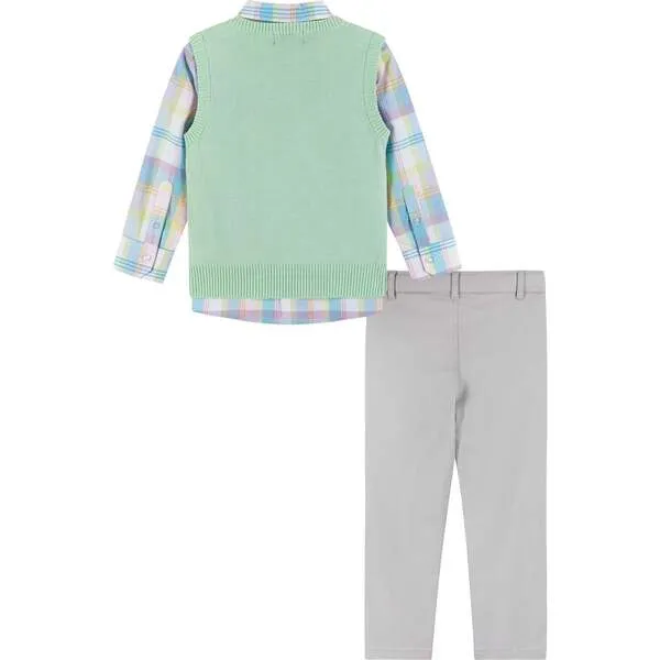 Andy & Evan Plaid Poplin and Sweater Vest Set, Light Green