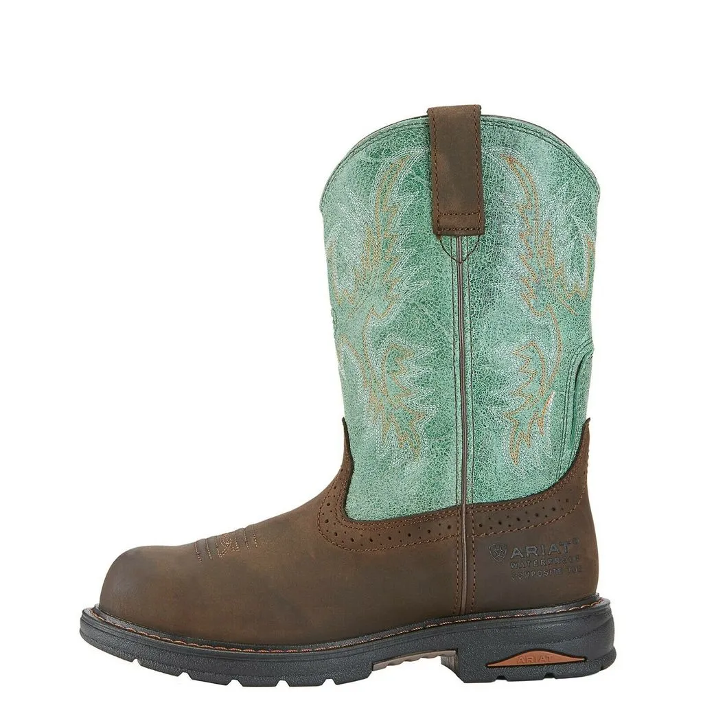 Ariat Womens Tracey Comp Toe Waterproof Pull On Western Work Boot- Oily Distressed Brown leather