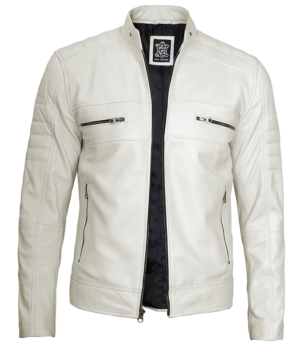 Austin Men Cafe Racer Off White Real Leather Jacket