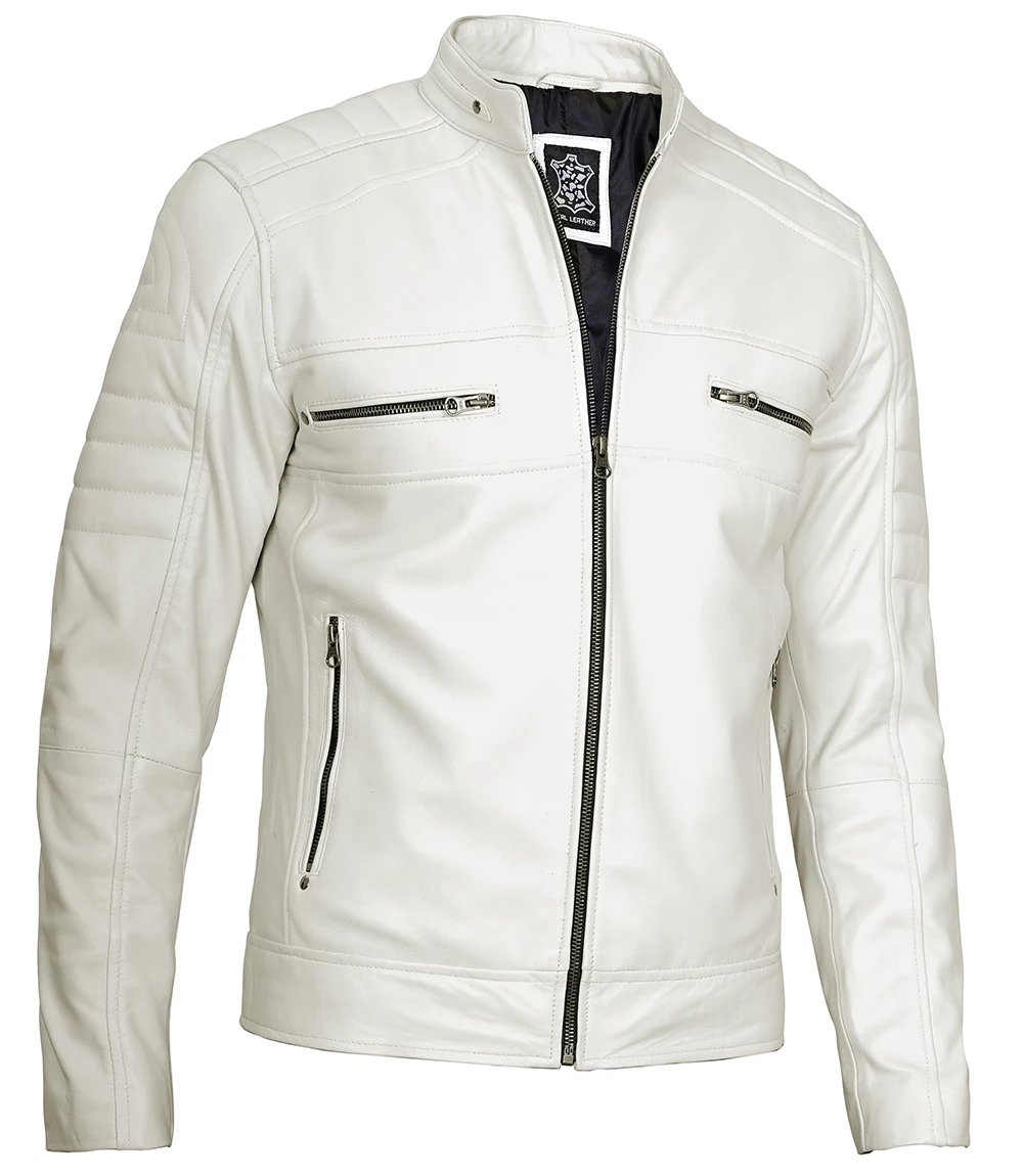 Austin Men Cafe Racer Off White Real Leather Jacket