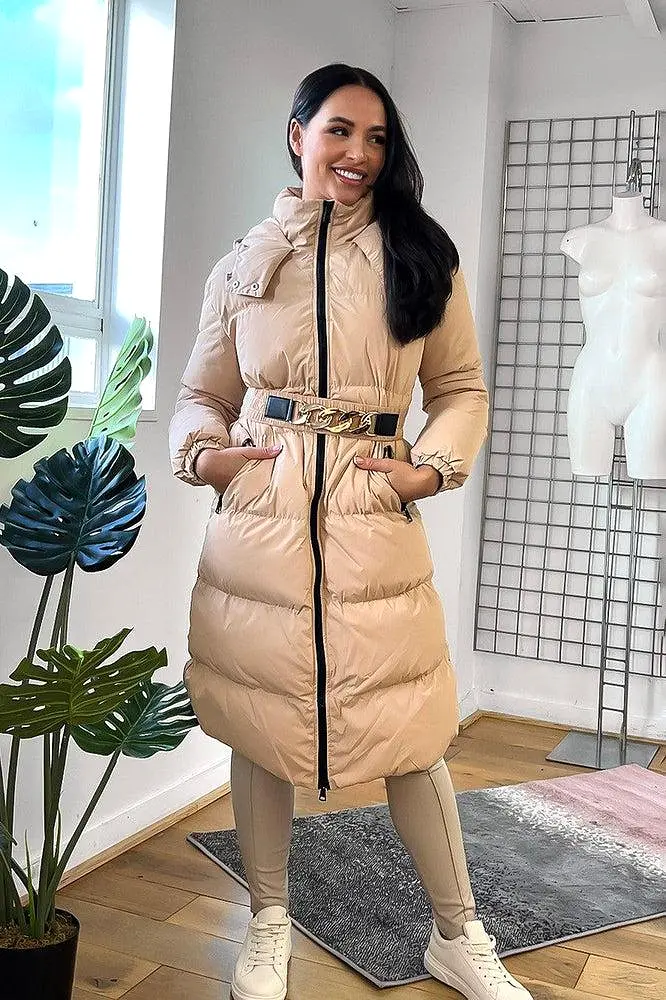 Beige Chain Detail Elastic Belt Puffer Jacket