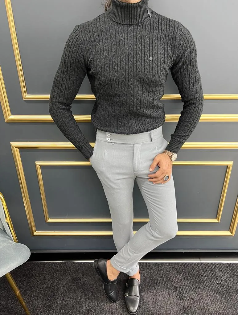 Berton Black Slim Fit Striped Pattern Turtleneck Sweater