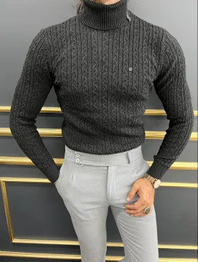 Berton Black Slim Fit Striped Pattern Turtleneck Sweater