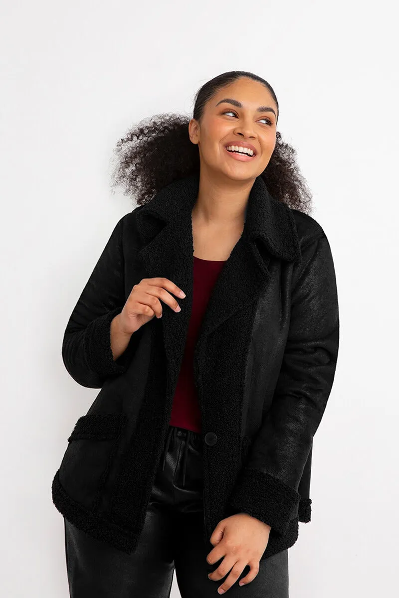 Boucle Shearling Faux Leather Moto Jacket | Black