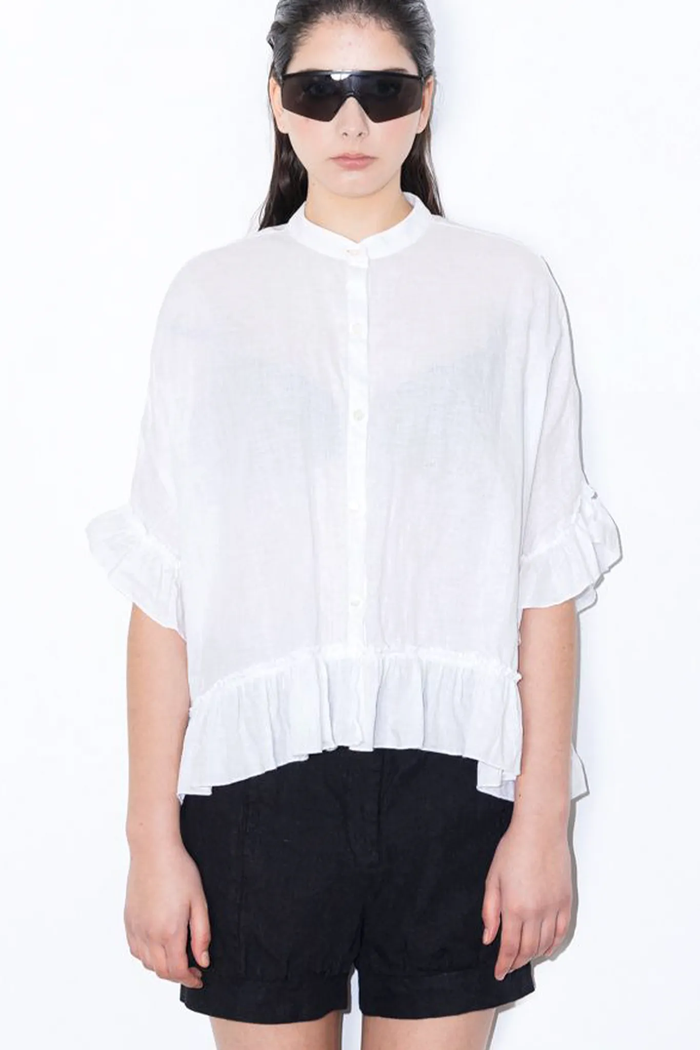 Box Frill Linen Blouse | White