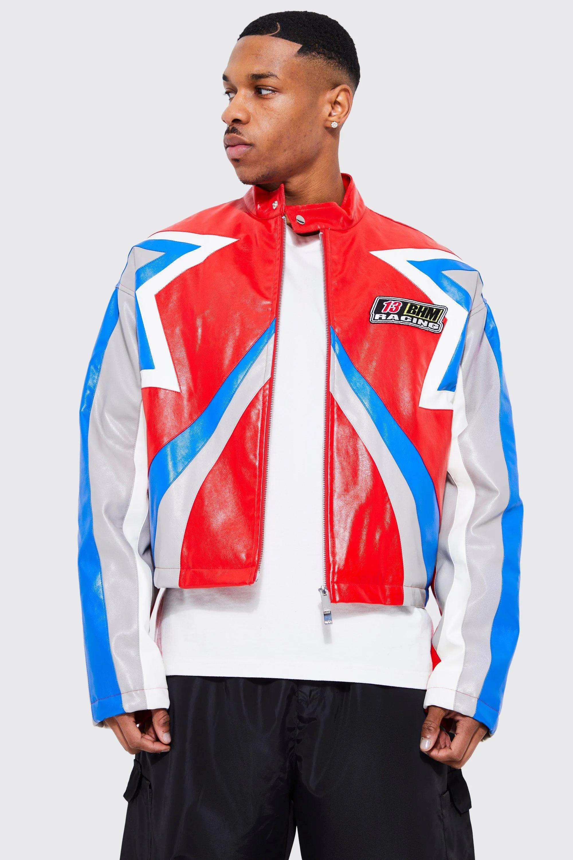 Boxy Funnel Neck Star Panel Pu Moto Jacket | boohooMAN UK