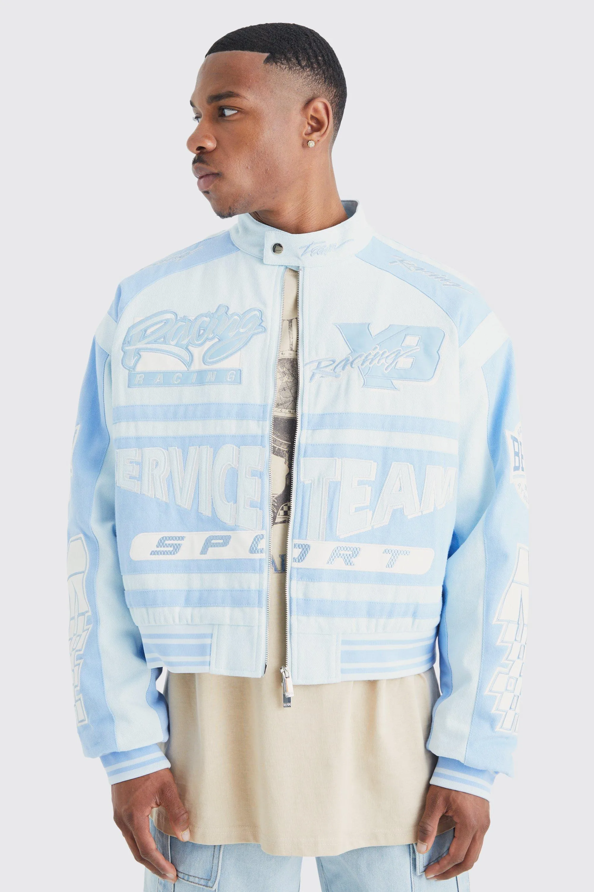 Boxy Twill Multi Badge Moto Jacket | boohooMAN UK