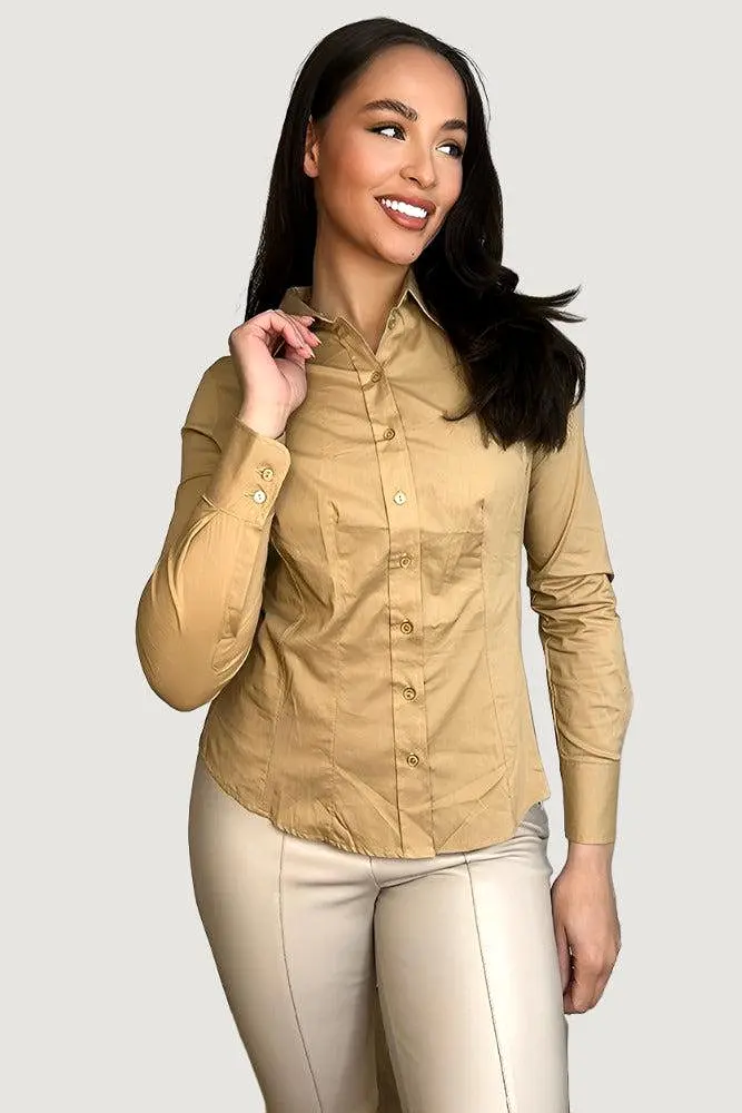 Camel Cotton Blend Button Down Smart Shirt