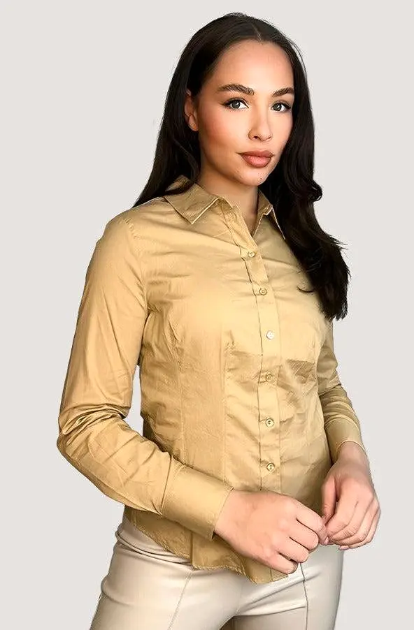 Camel Cotton Blend Button Down Smart Shirt