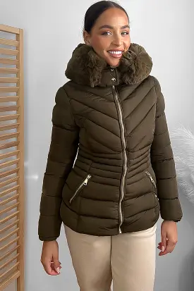 Chevron Quilt Faux Fur Hood Puffer Jacket