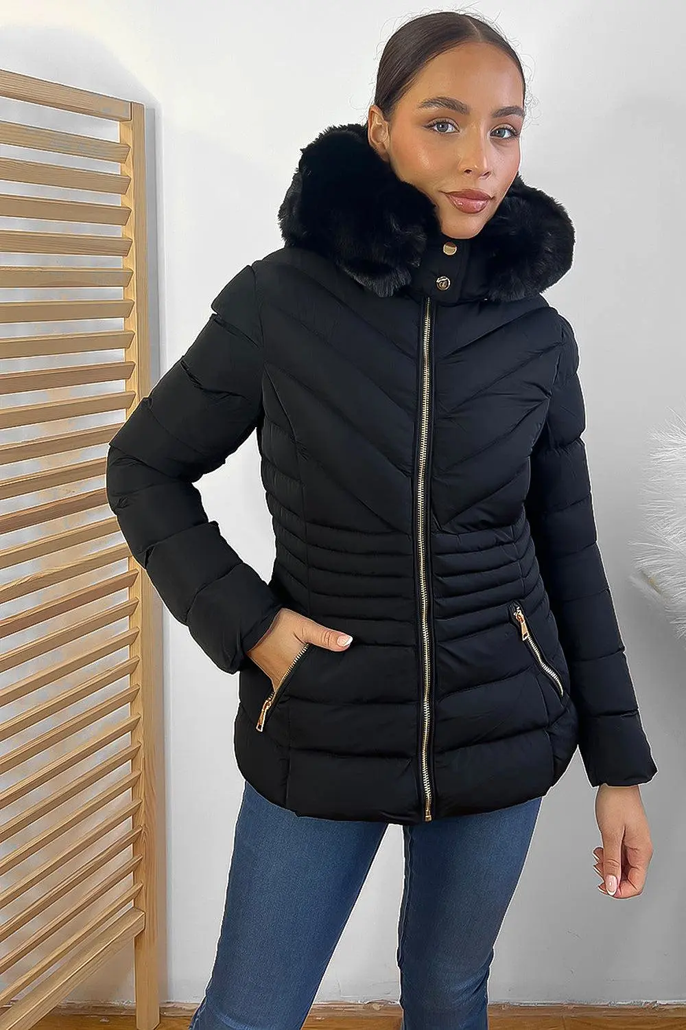 Chevron Quilt Faux Fur Hood Puffer Jacket