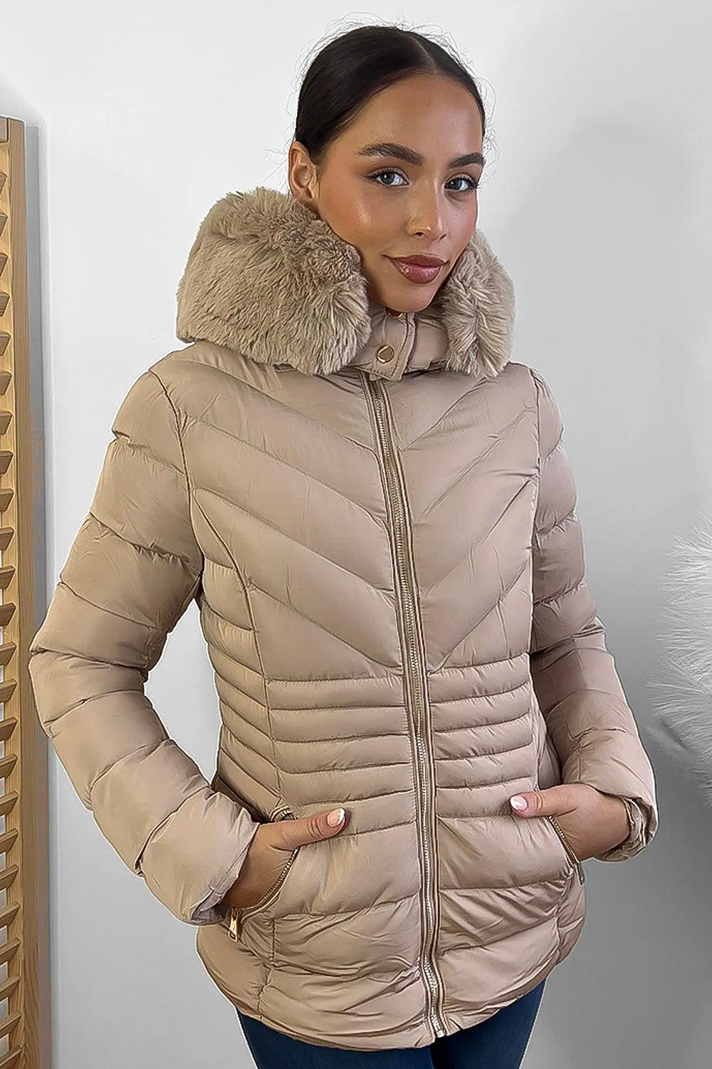 Chevron Quilt Faux Fur Hood Puffer Jacket