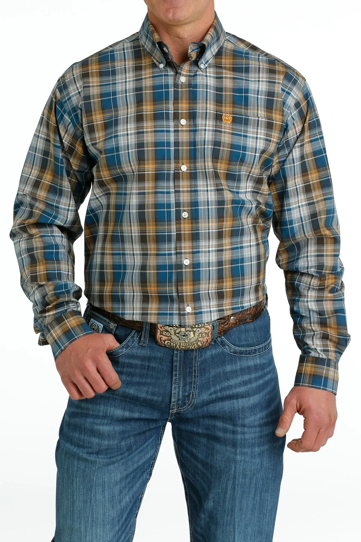 Cinch Mens Plaid Button Down Shirt - Blue/Khaki - MTW1105657