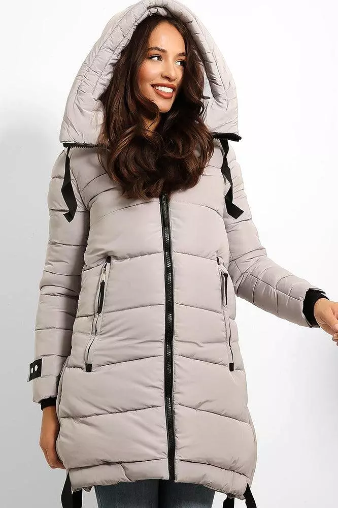 Contrast Black Details Hooded Midi Puffer Jacket