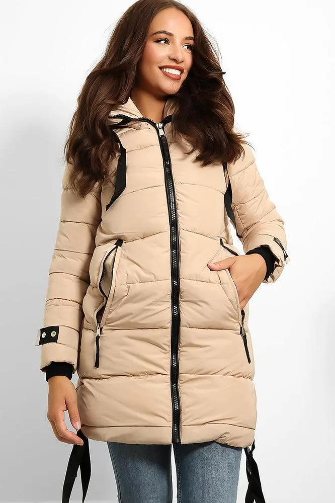 Contrast Black Details Hooded Midi Puffer Jacket