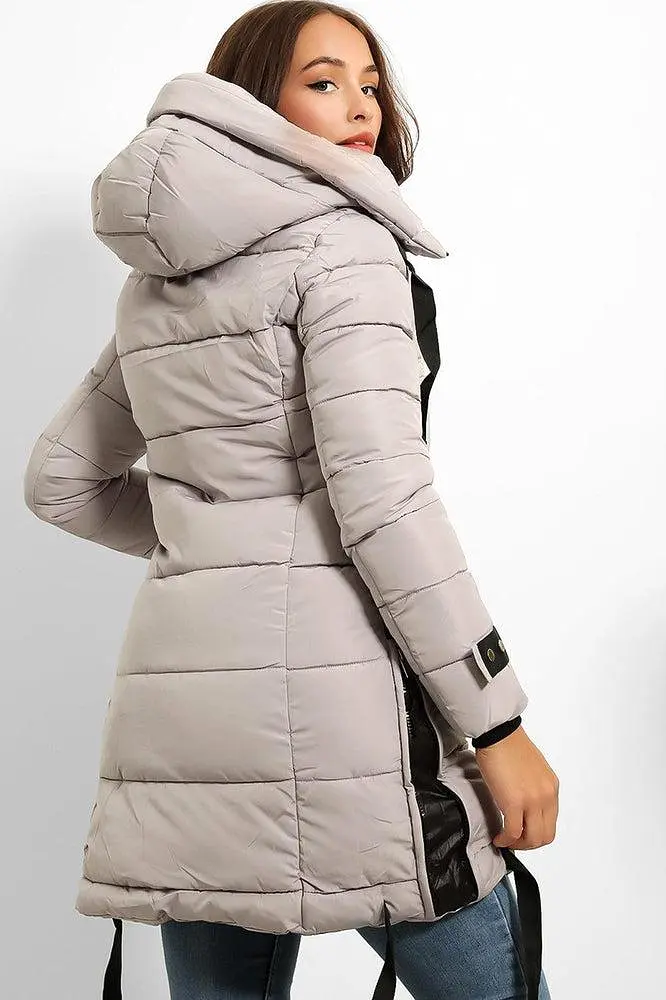 Contrast Black Details Hooded Midi Puffer Jacket