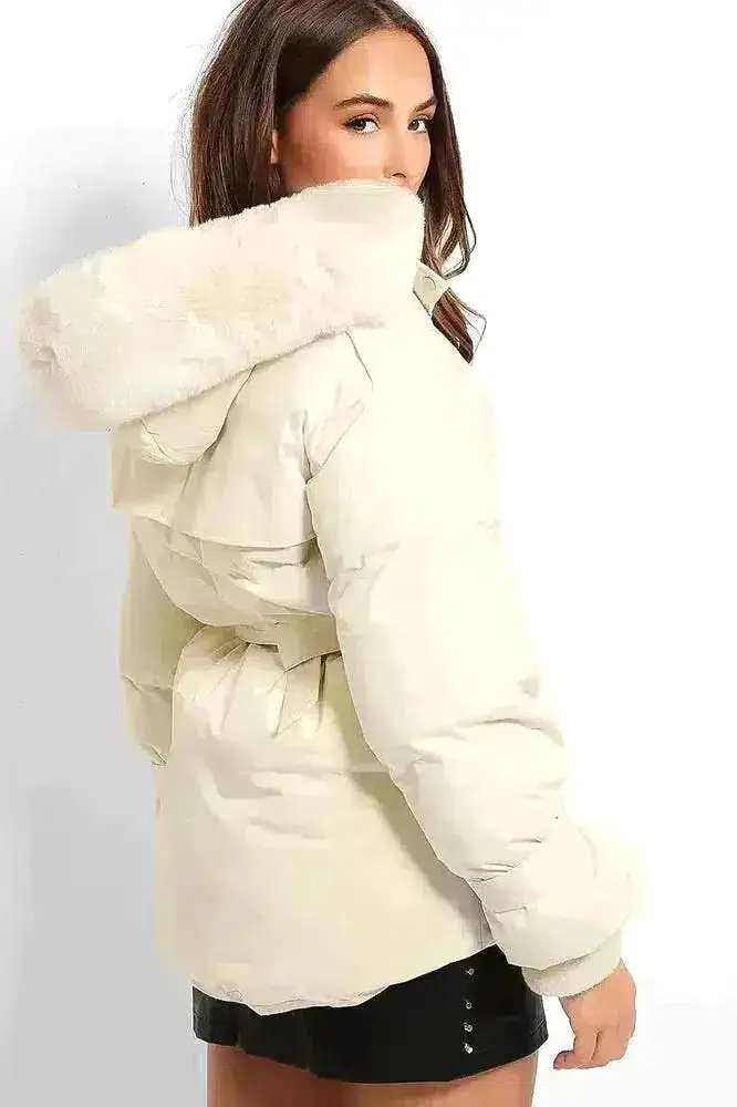 Cream Self-Tie Faux Fur Hood Puffer Jacket