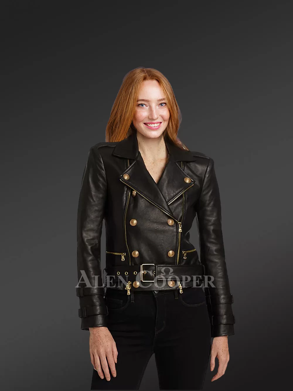 Crop Leather Moto Jacket with Belt in Black