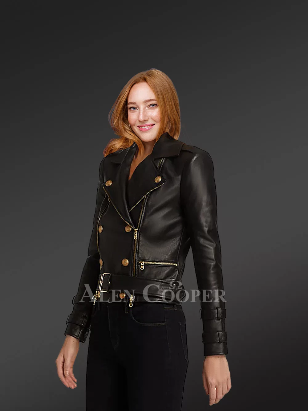 Crop Leather Moto Jacket with Belt in Black