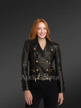 Crop Leather Moto Jacket with Belt in Black