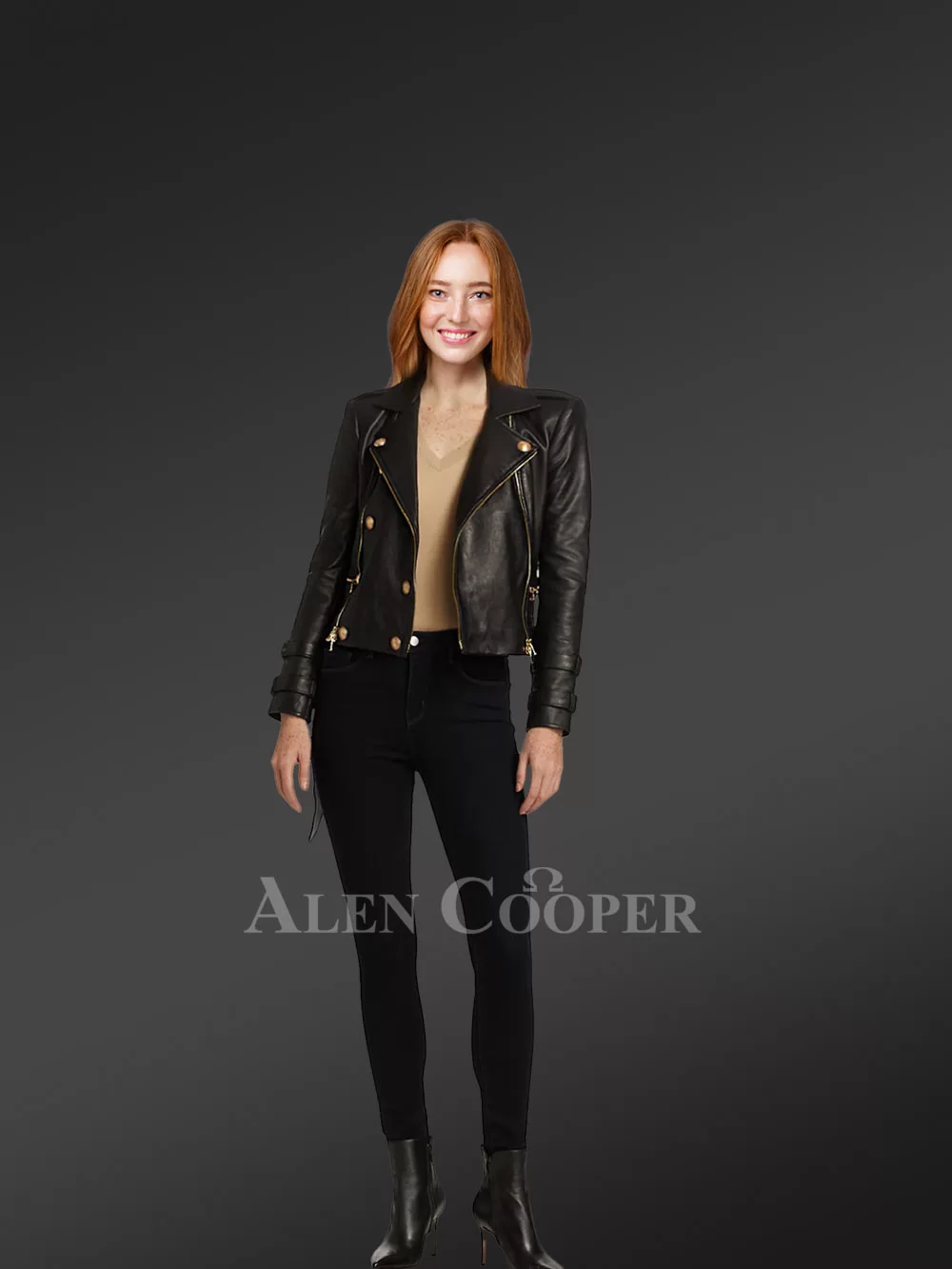 Crop Leather Moto Jacket with Belt in Black