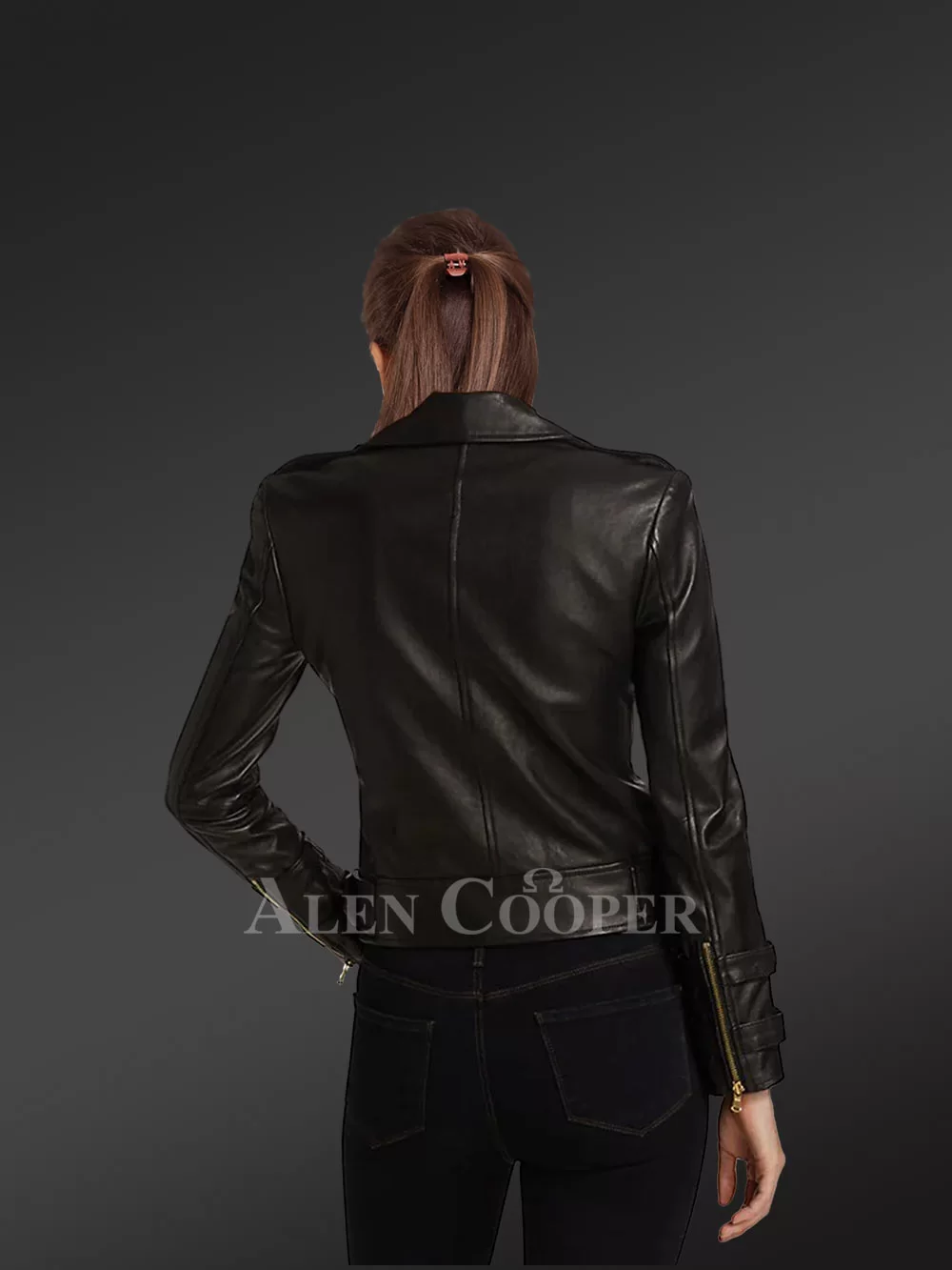 Crop Leather Moto Jacket with Belt in Black