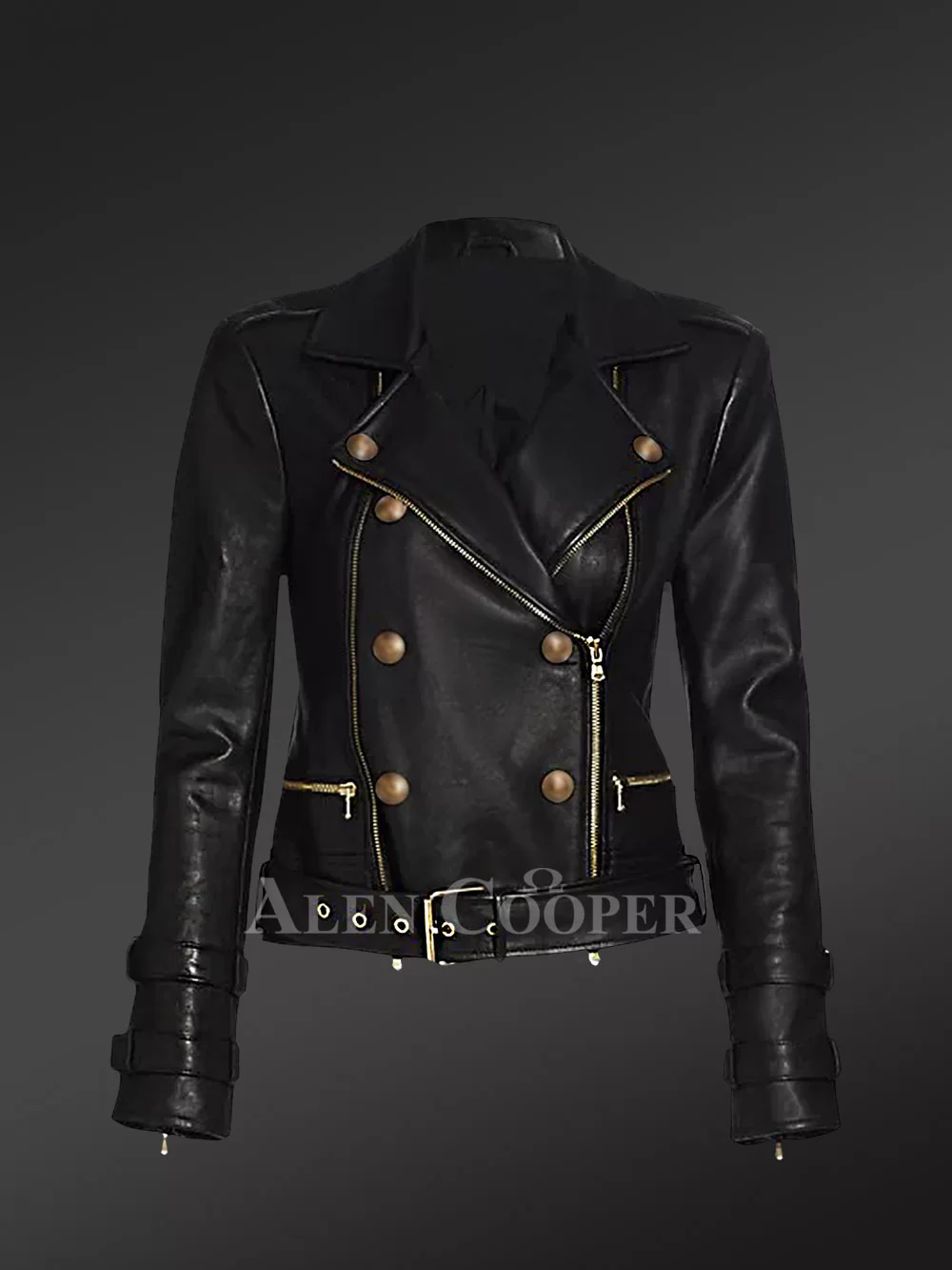 Crop Leather Moto Jacket with Belt in Black