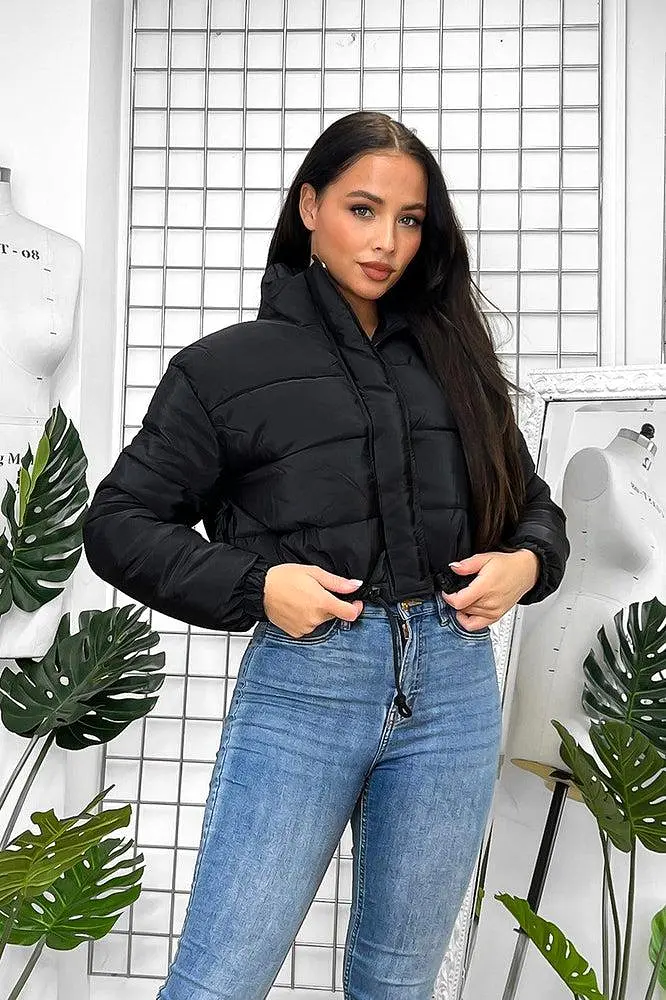 Drawstring Hem High Neck Cropped Puffer Jacket