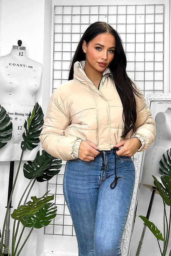 Drawstring Hem High Neck Cropped Puffer Jacket