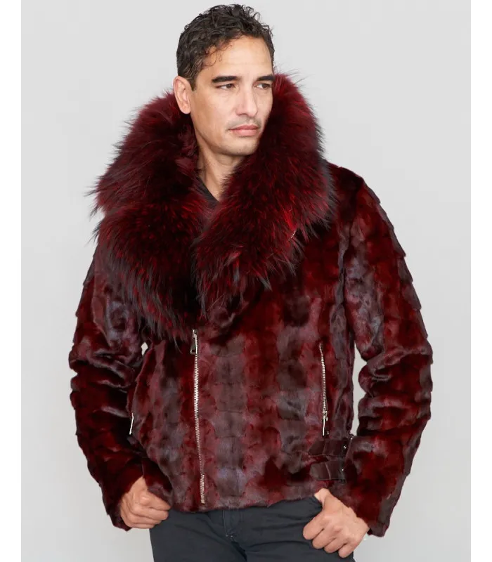 Ed Mink Moto Jacket with Fox Collar & Hood in Burgundy: FurHatWorld