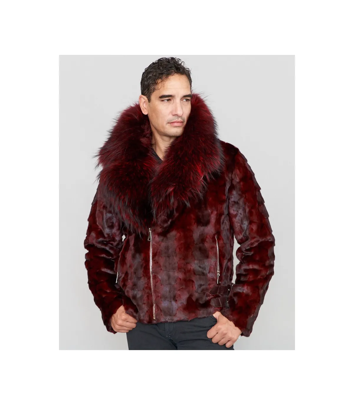 Ed Mink Moto Jacket with Fox Collar & Hood in Burgundy: FurHatWorld