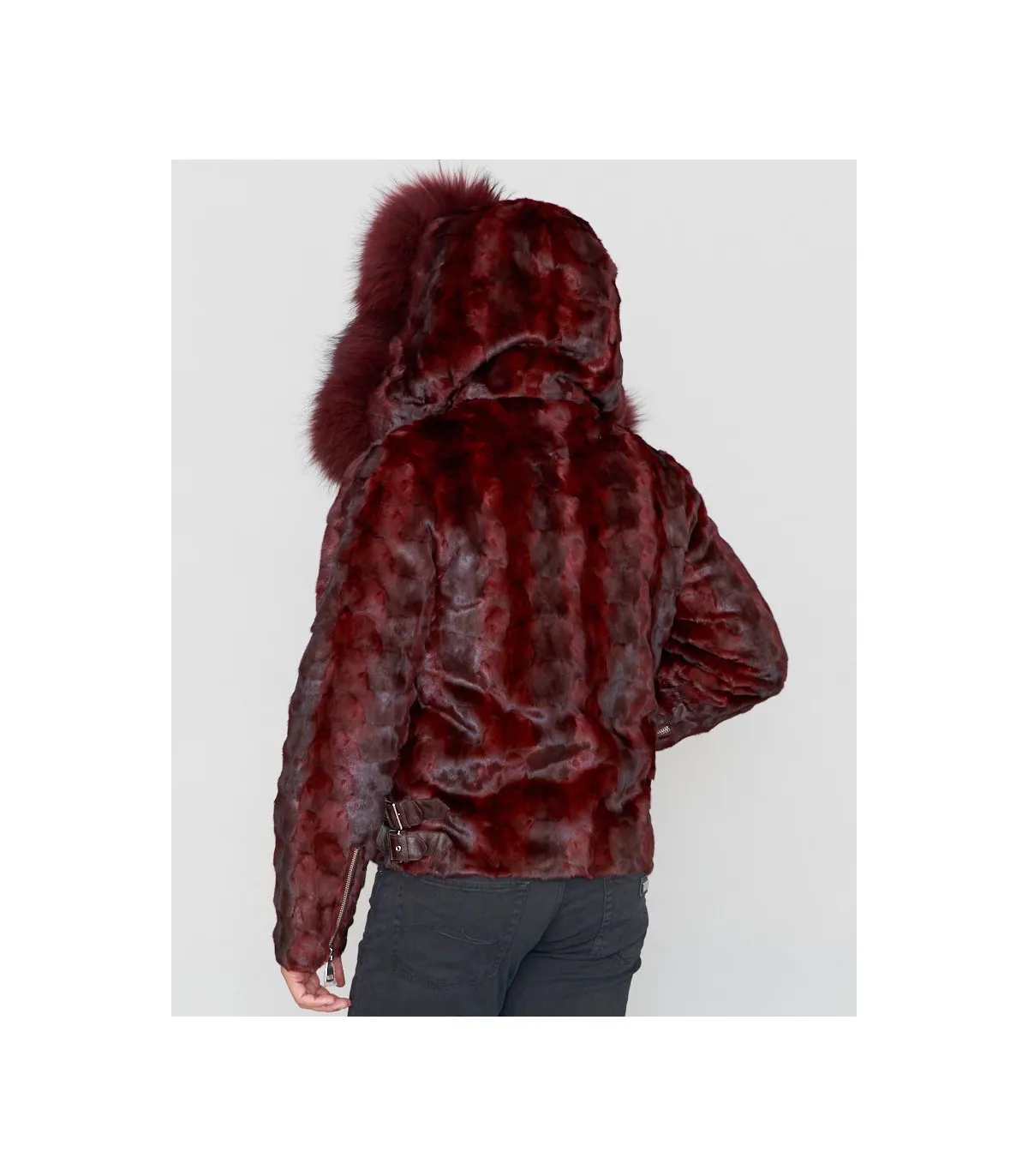 Ed Mink Moto Jacket with Fox Collar & Hood in Burgundy: FurHatWorld