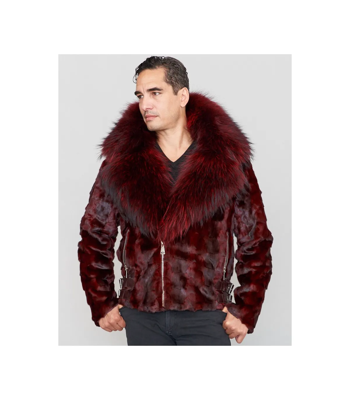 Ed Mink Moto Jacket with Fox Collar & Hood in Burgundy: FurHatWorld