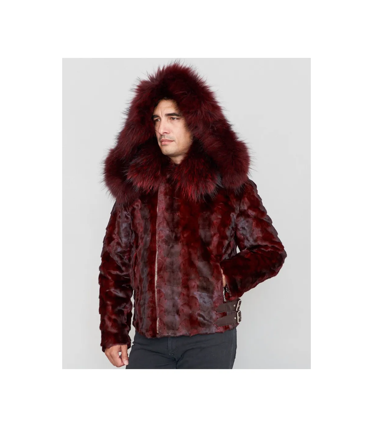 Ed Mink Moto Jacket with Fox Collar & Hood in Burgundy: FurHatWorld