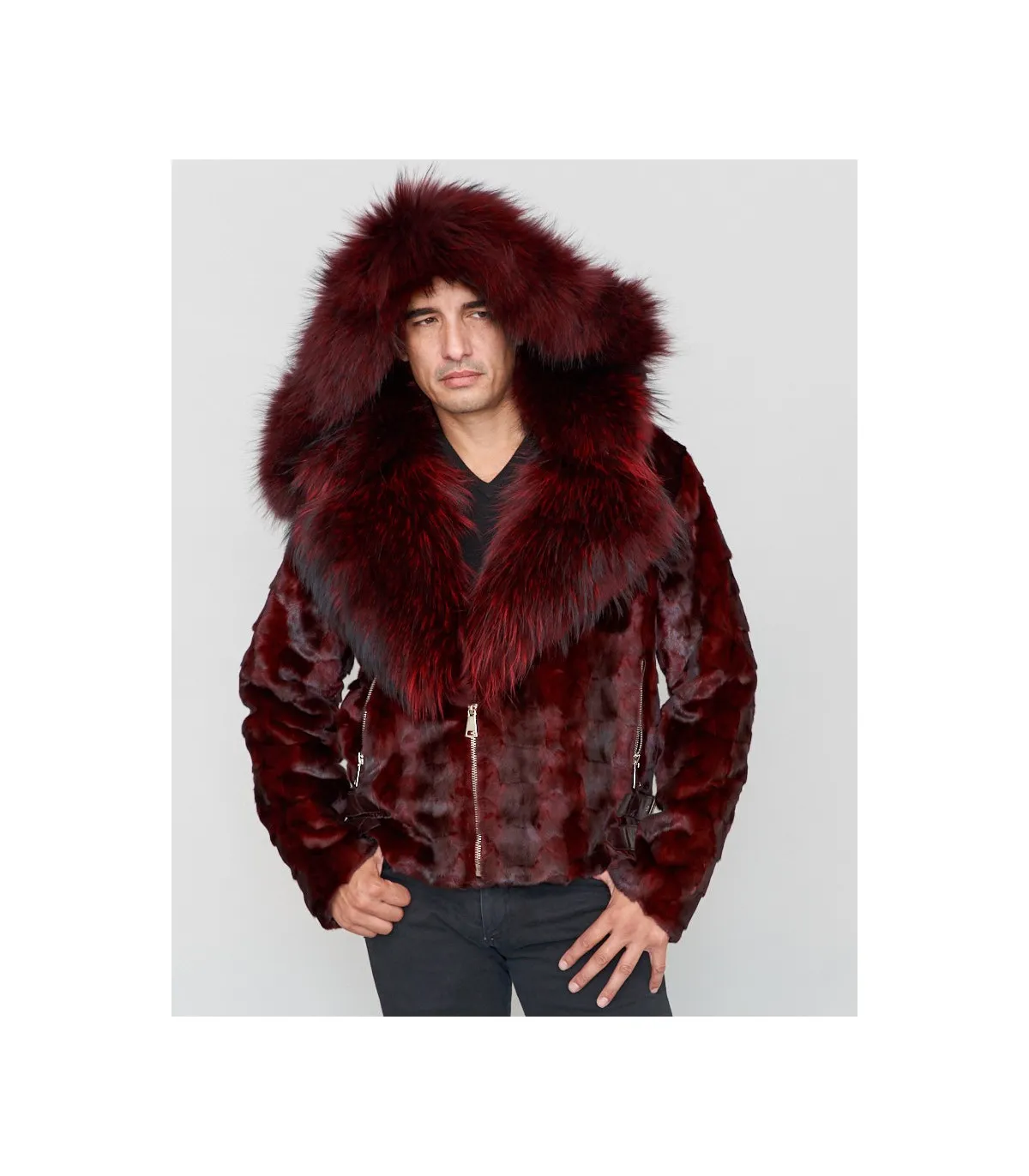 Ed Mink Moto Jacket with Fox Collar & Hood in Burgundy: FurHatWorld