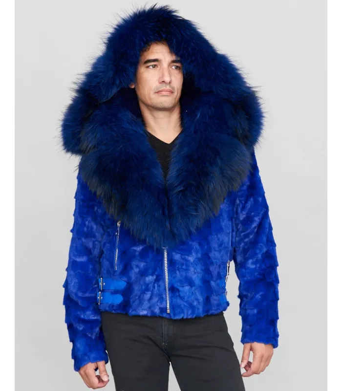 Ed Mink Moto Jacket with Fox Collar & Hood in Royal Blue: FurHatWorld