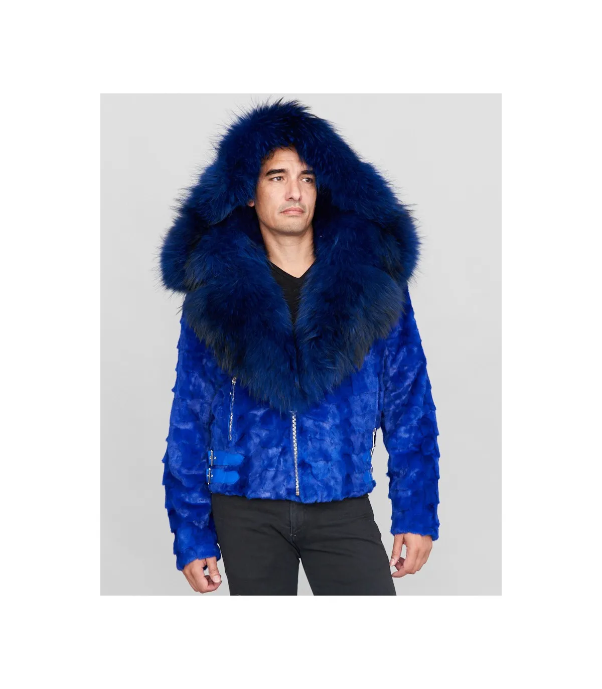 Ed Mink Moto Jacket with Fox Collar & Hood in Royal Blue: FurHatWorld