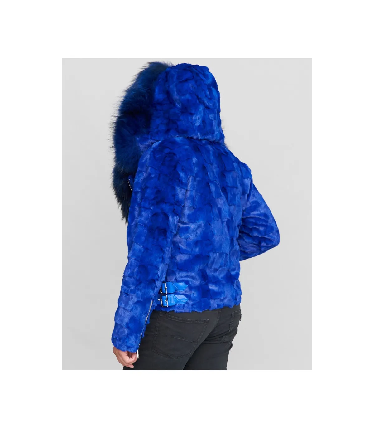 Ed Mink Moto Jacket with Fox Collar & Hood in Royal Blue: FurHatWorld